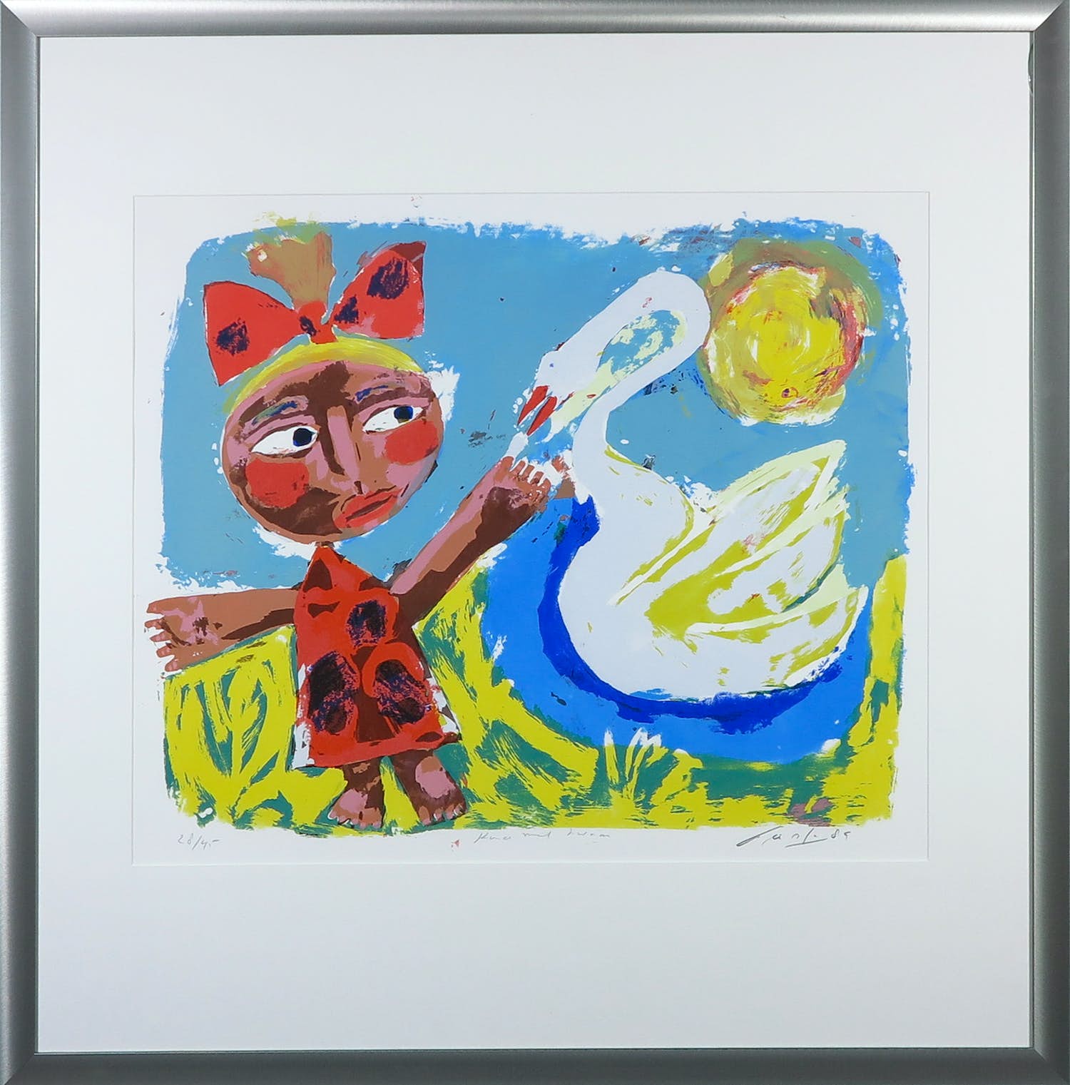 John Lie a Fo - Zeefdruk, Kind met zwaan - Ingelijst verkocht voor € 50!