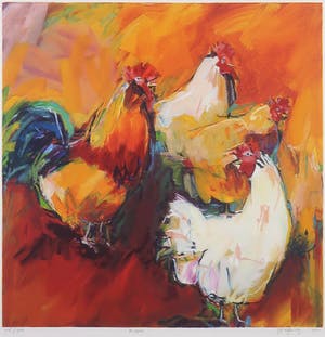 Gerda Elfring - Zeefdruk, Kippen - Ingelijst kopen? Bied vanaf 40!