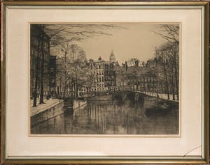Johannes Josseaud - Ets, Herengracht grenzend aan Leidschegracht Amsterdam - Ingelijst kopen? Bied vanaf 35!