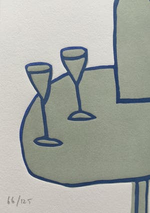 Klaas Gubbels - linosnede ‘Tafel met fles en glazen’ uit 1998 - oplage 125. kopen? Bied vanaf 195!