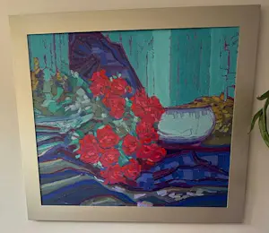 Ido Vunderink - Kleurrijk stilleven met bloemen en schaal kopen? Bied vanaf 570!