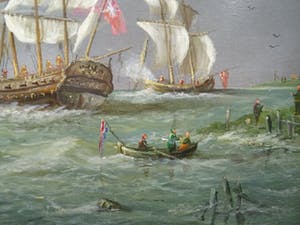 Buy Thomas Heesakkers - Mooi maritiem schilderij schepen in oorlog op paneel.? Bid from 250!