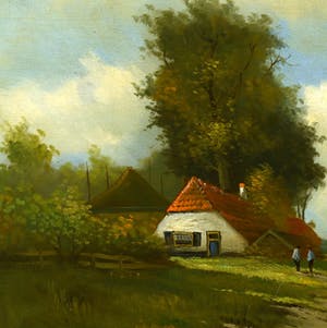 Niet of onleesbaar gesigneerd - Hollands Landschap - Boerderij aan Zandweg - Olieverf op paneel - Signatuur kopen? Bied vanaf 1!