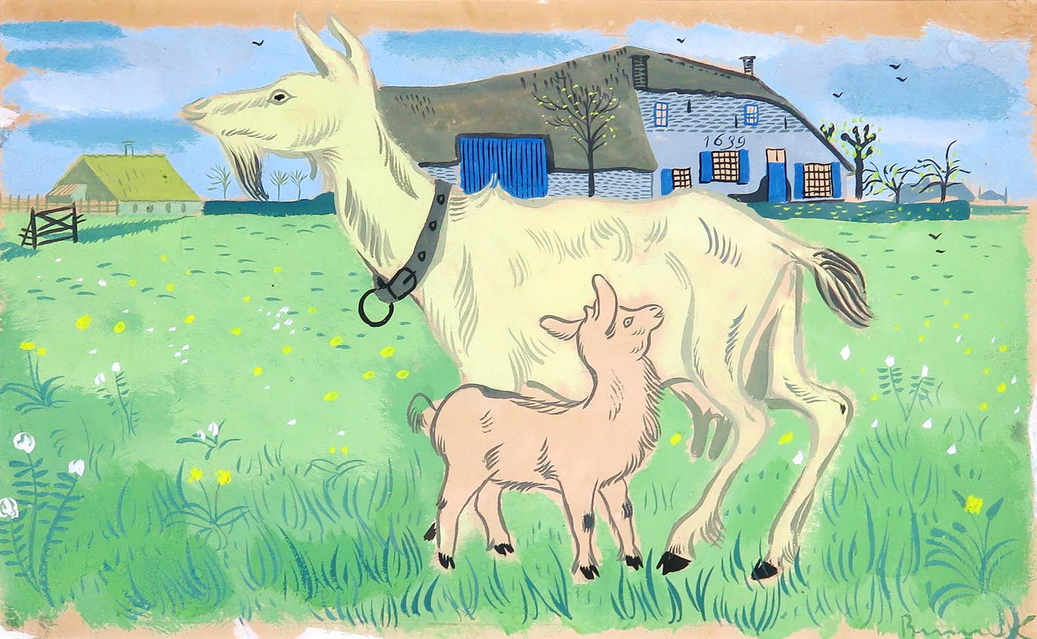 Herman Berserik - Gouache, Boerderij met geiten - Ingelijst kopen? Bied vanaf 1500!