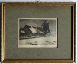 Tjeerd Bottema - Kleine ingelijste kleuren-ets , Molentje in de sneeuw – ca. 1927 kopen? Bied vanaf 35!