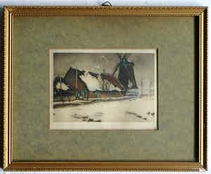 Tjeerd Bottema - Kleine ingelijste kleuren-ets , Molentje in de sneeuw – ca. 1927 verkocht voor € 35!