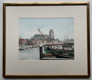 Ciano Siewert - Aquarel | 'Haven van Dordrecht, met de Grote kerk' | 1993 kopen? Bied vanaf 575!