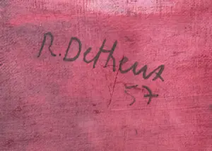 Robert Detheux - Der Schläfer und die Schaufensterpuppe – Großes surrealistisches Gemälde aus dem Jahr 1957 kopen? Bied vanaf 800!