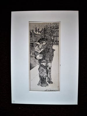 Niet of onleesbaar gesigneerd - originele 1914 Inkttekening "Vader met kinderen in winters Amsterdam" kopen? Bied vanaf 1!