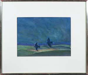 Paul Overhaus - Aquarel, Duinlandschap met Kraaien bij Nacht - Ingelijst verkocht voor € 1!