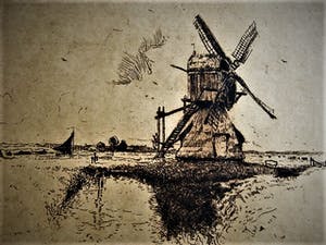 Martin van Waning - Mooie grote Droge Naald Ets - Landschap met molen Schiermonnikoog - gesigneerd kopen? Bied vanaf 39!