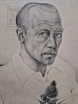 Henk Voskuyl - Grote monochrome Litho - zelfportret met distel - potloodgesigneerd kopen? Bied vanaf 30!