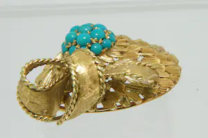 52- Vintage fifties 18Krt gouden fantasie broche met strik en turqoise steentjes kopen? Bied vanaf 940!