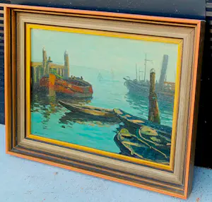 Ad Blok van der Velden - Ingelijste olieverf: Texels havengezicht kopen? Bied vanaf 1000!