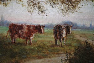 Jan Herman Coster - groot, prachtig ingelijst 19e eeuws schilderij - koeien in het landschap kopen? Bied vanaf 195!