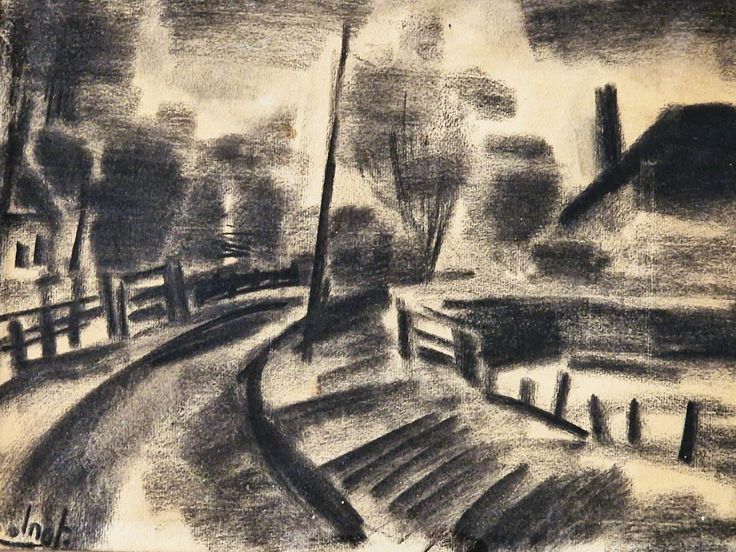 Karel Colnot - Bergense school - Houtskool - boerderijen in landschap - Ingelijst kopen? Bied vanaf 59!