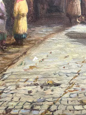 Leo Vrolijk - Oude stad met bloemenkraam en vrouwen bij de fontein. kopen? Bied vanaf 400!