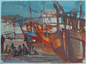Frans Hollaardt - Vissersboten in haven, gemengde techniek op papier kopen? Bied vanaf 1!
