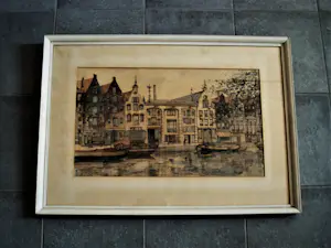 Jan den Hengst - Mooie ca 1950 geschilderde verstilde Aquarel "Amsterdam boot aan gracht" kopen? Bied vanaf 38!