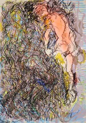 Martin Peulen - Olieverf en krijt op papier, Man en hoop verkocht voor € 35!