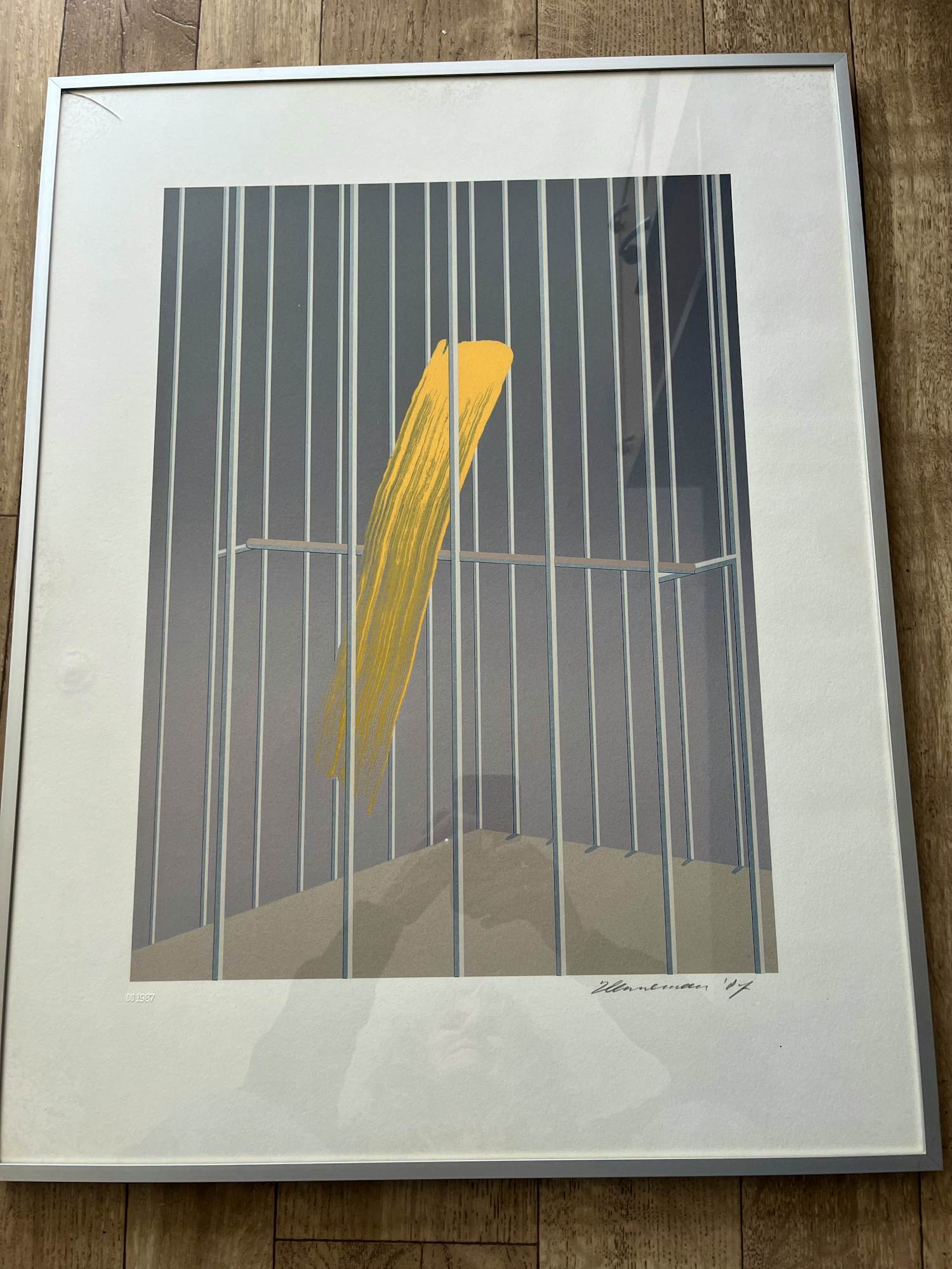 Jeroen Henneman - Ingelijste zeefdruk , Kanarie in Kooi – 1987 . kopen? Bied vanaf 30!