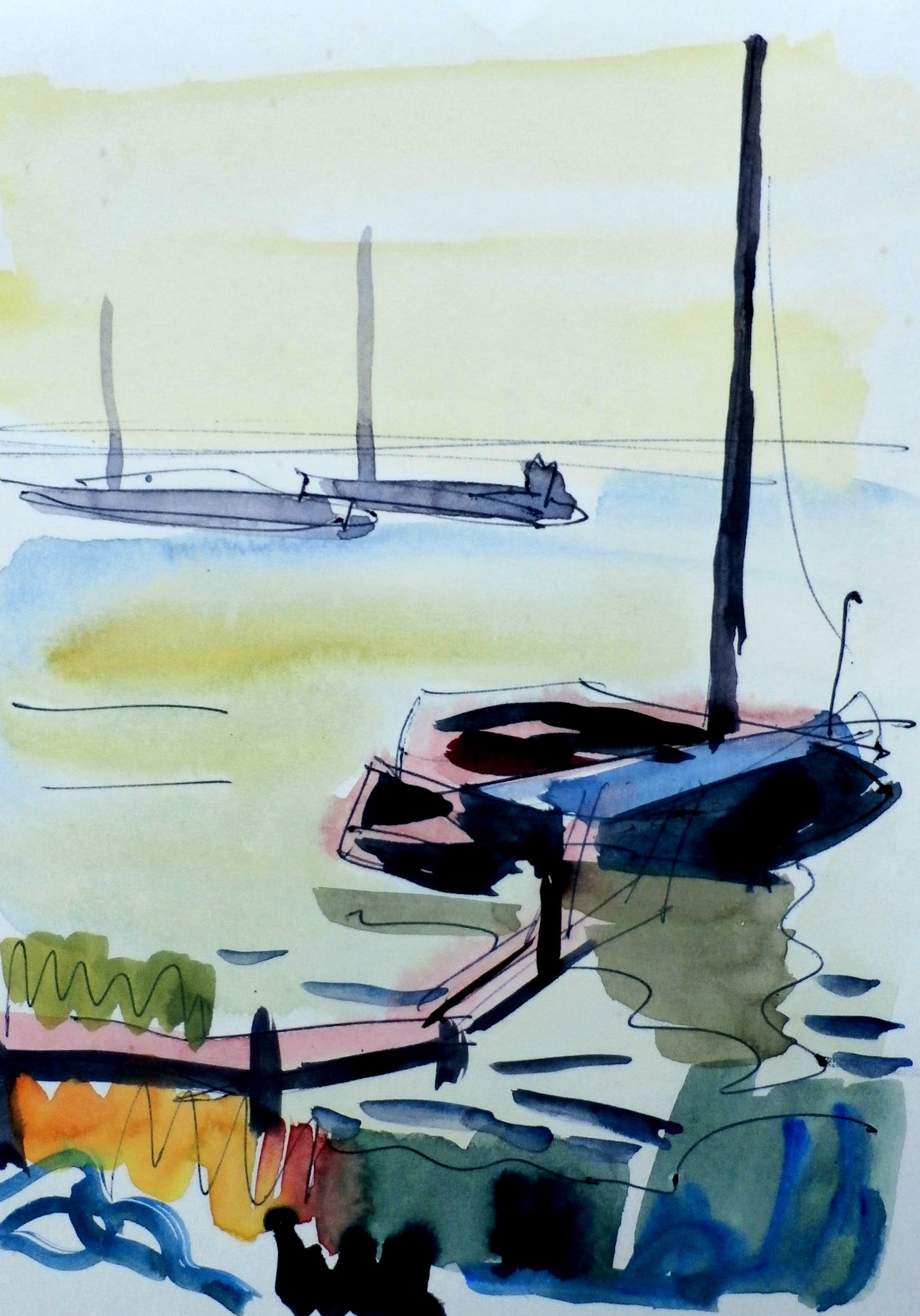 Hein Stork - lakeview with fishing boats verkocht voor € 75!