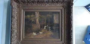Cornelis Koppenol - Boereninterieur van boerenstal, koeien met kippen. kopen? Bied vanaf 400!