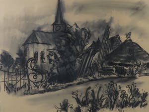 Rinus van der Neut - Houtskool op papier, Kerk bij Zuilingen - Ingelijst kopen? Bied vanaf 50!