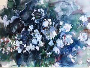 Betty van Beurden - Vrolijk bloemstilleven in hoofdzakelijk blauwe tinten verkocht voor € 40!