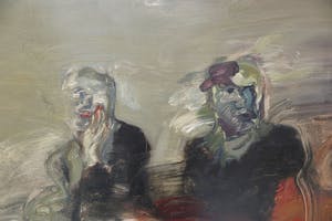 Annemarie Fischer - Olieverf op doek, Gedekte tafel met drie figuren - Ingelijst (Zeer Groot) kopen? Bied vanaf 500!