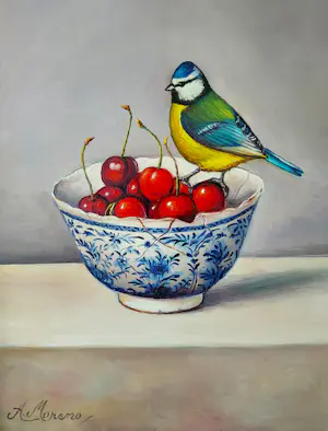 Alfonso Moreno - Stilleven met schaaltje kersen en pimpelmees kopen? Bied vanaf 179!