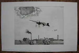 Herman Berserik - Ets: Vliegtuig boven landschap - 1972 kopen? Bied vanaf 75!