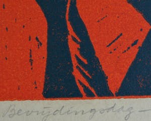 Jenny Dalenoord - Linosnede , BEVRIJDINGSDAG 1945-1955 – gesigneerd & ingelijst – 1955 kopen? Bied vanaf 10!