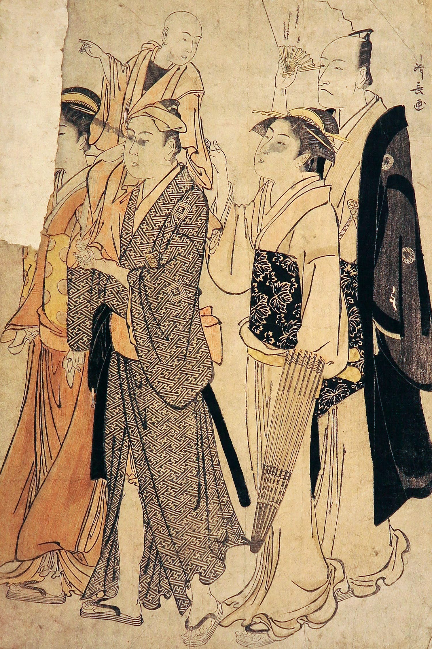 Torii Kiyonaga - Houtdruk, Wandelende mensen verkocht voor € 1!
