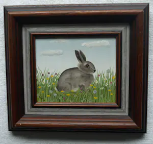 Mieke Hoogendorp - Naïeve schilderkunst , Ingelijst schilderijtje, Konijntje – 1984 kopen? Bied vanaf 40!