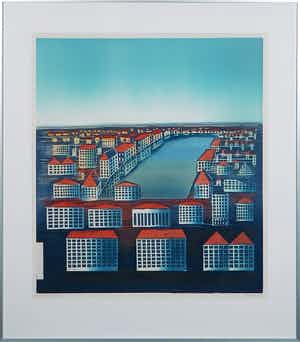 Willem de Vries - Houtsnede, Lost City VI- Ingelijst verkocht voor € 30!