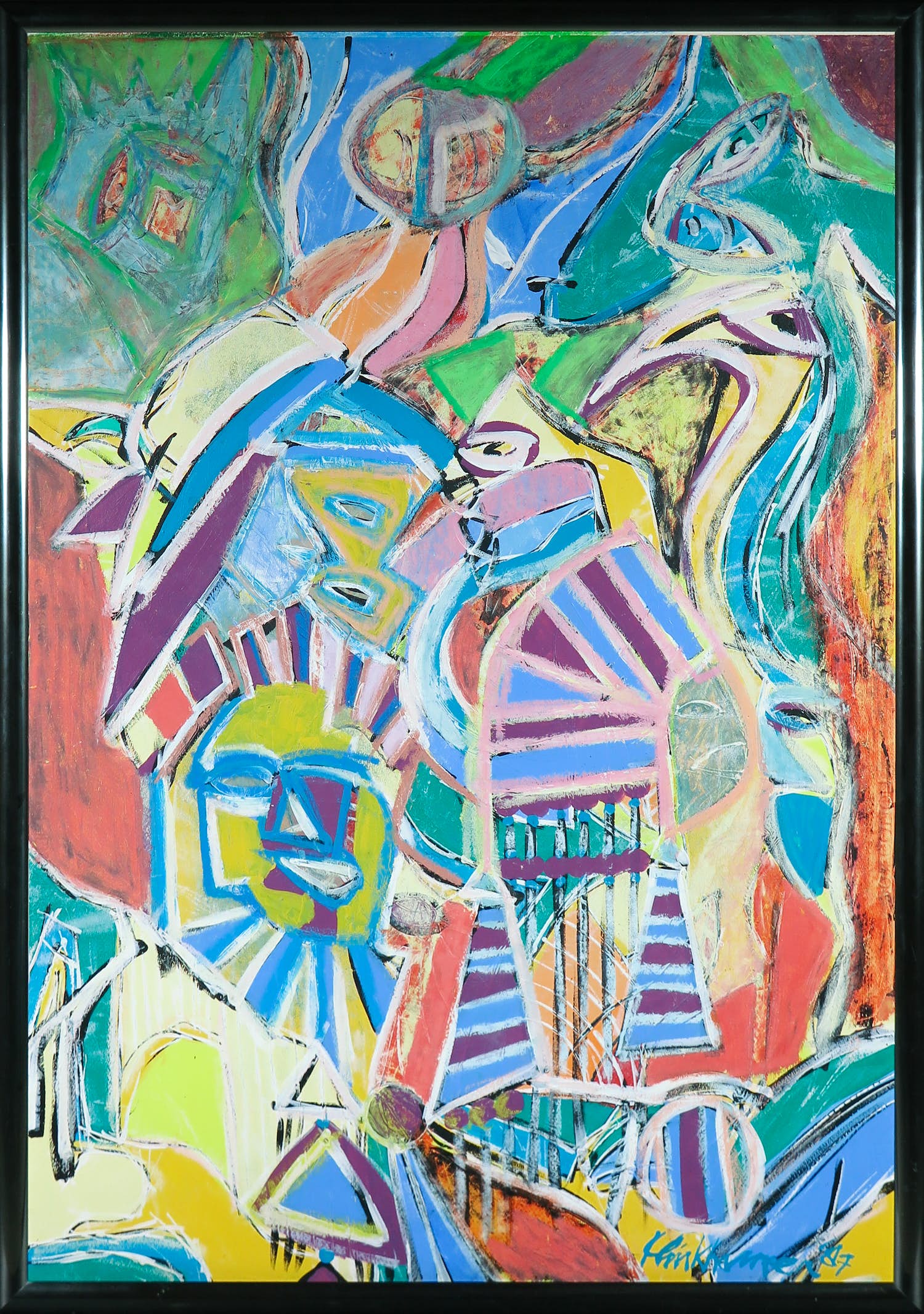 Henk Klinkhamer - Gouache op papier, Compositie met figuren - Ingelijst (Groot) verkocht voor € 1!