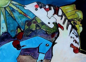 Theo Mackaay - Gemengde techniek: Dieren en de zon - 2000 (prachtige lijst met museum glas) kopen? Bied vanaf 399!