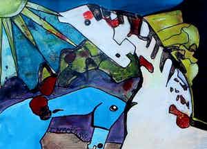 Theo Mackaay - Gemengde techniek: Dieren en de zon - 2000 (prachtige lijst met museum glas) verkocht voor € 399!