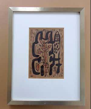 Anton Rooskens - COBRA-ABSTRACTIE / ZW-W LINOSNEDE + POTLOOD / 49x38cm / KADER / SIG / 1954 verkocht voor € 265!