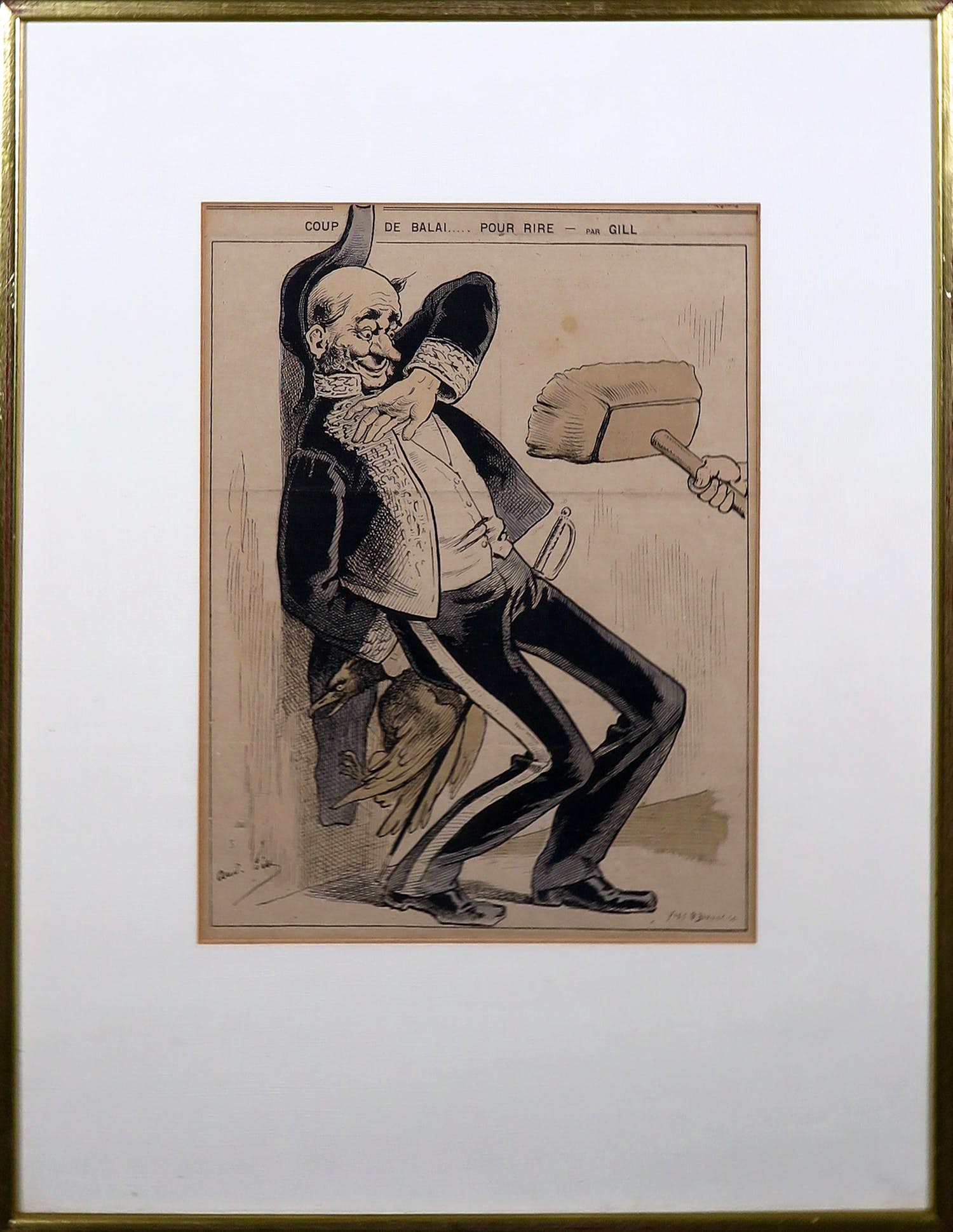 Andre Gill - Litho, Coup de Balai Pour Rire - Ingelijst verkocht voor € 1!