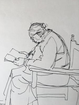 Henk Broer - Inkt tekening dame in stoel met boek kopen? Bied vanaf 19!