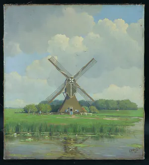 Niet of onleesbaar gesigneerd - Olieverf op doek, Landschap met molen kopen? Bied vanaf 1!