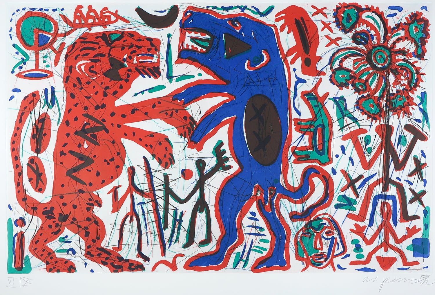 A.R. Penck - Grote heldere droge naald kleurenets, Romantischer Streit