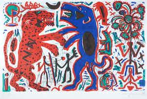 A.R. Penck - Grote heldere droge naald kleurenets, Romantischer Streit verkocht voor € 2000!