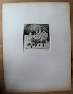 Jeanne Bieruma Oosting - Ets: 'Een winter in Rusland', Kremlin bij avond - 1970 (uniek, gesigneerd!) kopen? Bied vanaf 250!
