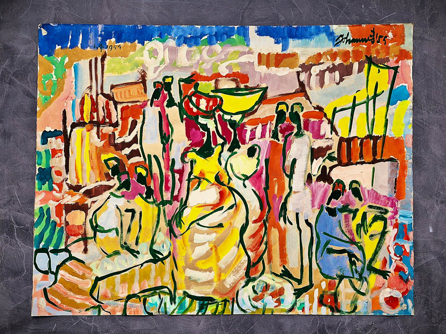 Hannes Postma - Zeldzame 1955 expressionistische gouache "Afrikaanse markt" gesigneerd kopen? Bied vanaf 84!