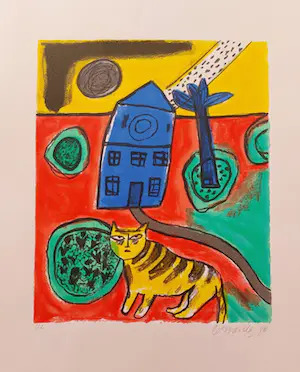 Corneille - 1998 " Blue house with Yellow cat". - hand signed - Cobra. kaufen? Bieten Sie von 195!