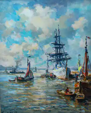 Buy Evert Moll - Ingelijste maroufle (olieverf op doek op board): 3 master in haven? Bid from 699!