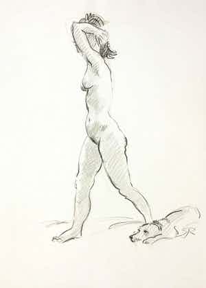 Jan Sluijters (jr.) - Tekening, Staand naakt en liggende hond verkocht voor € 40!